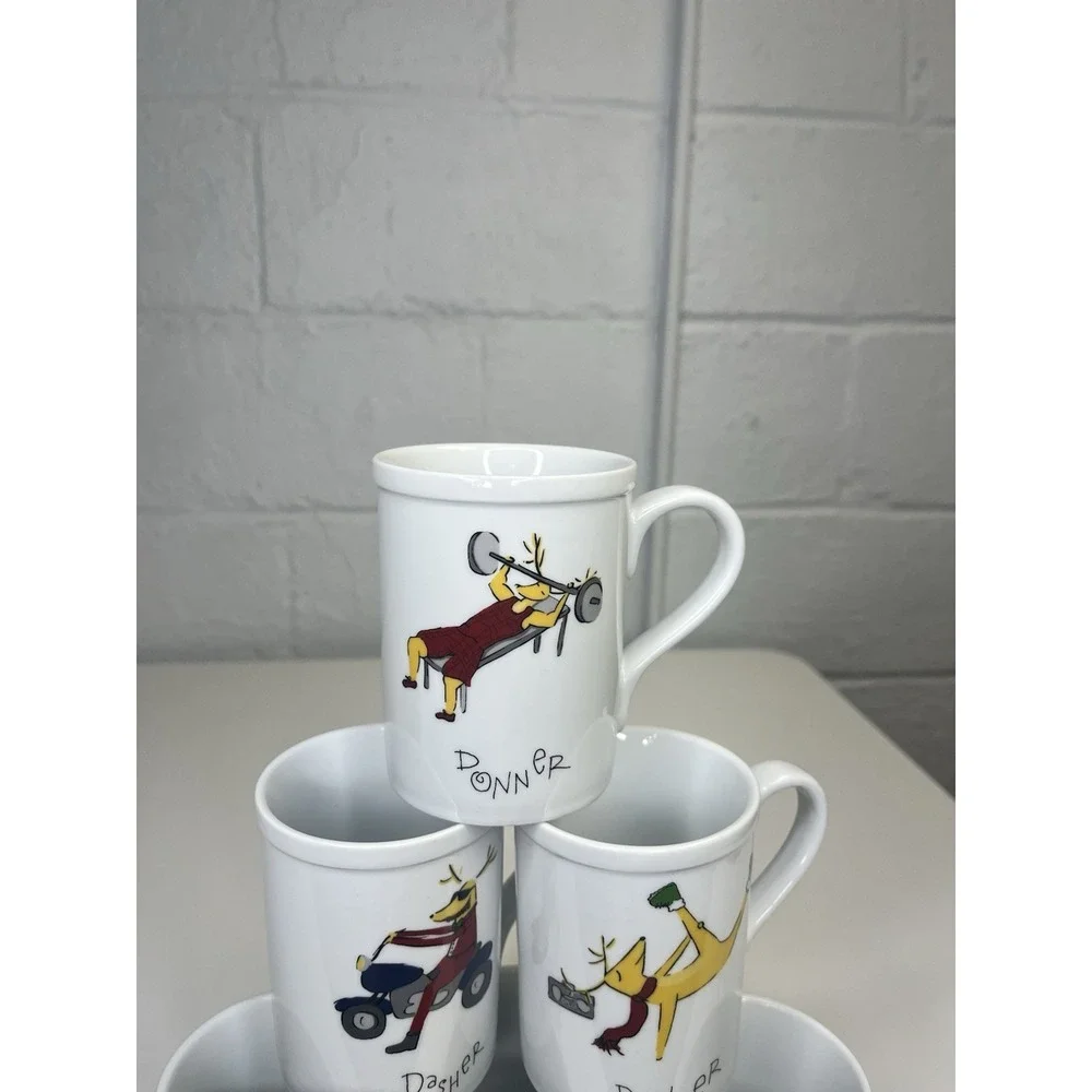 6 Pottery Barn Reindeer Mugs Dasher Dancer Prancer Vixen Cupid Donner‎ Hip Yoga